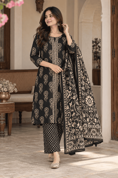Black Printed Cotton Blend Kurta Pant and Dupatta