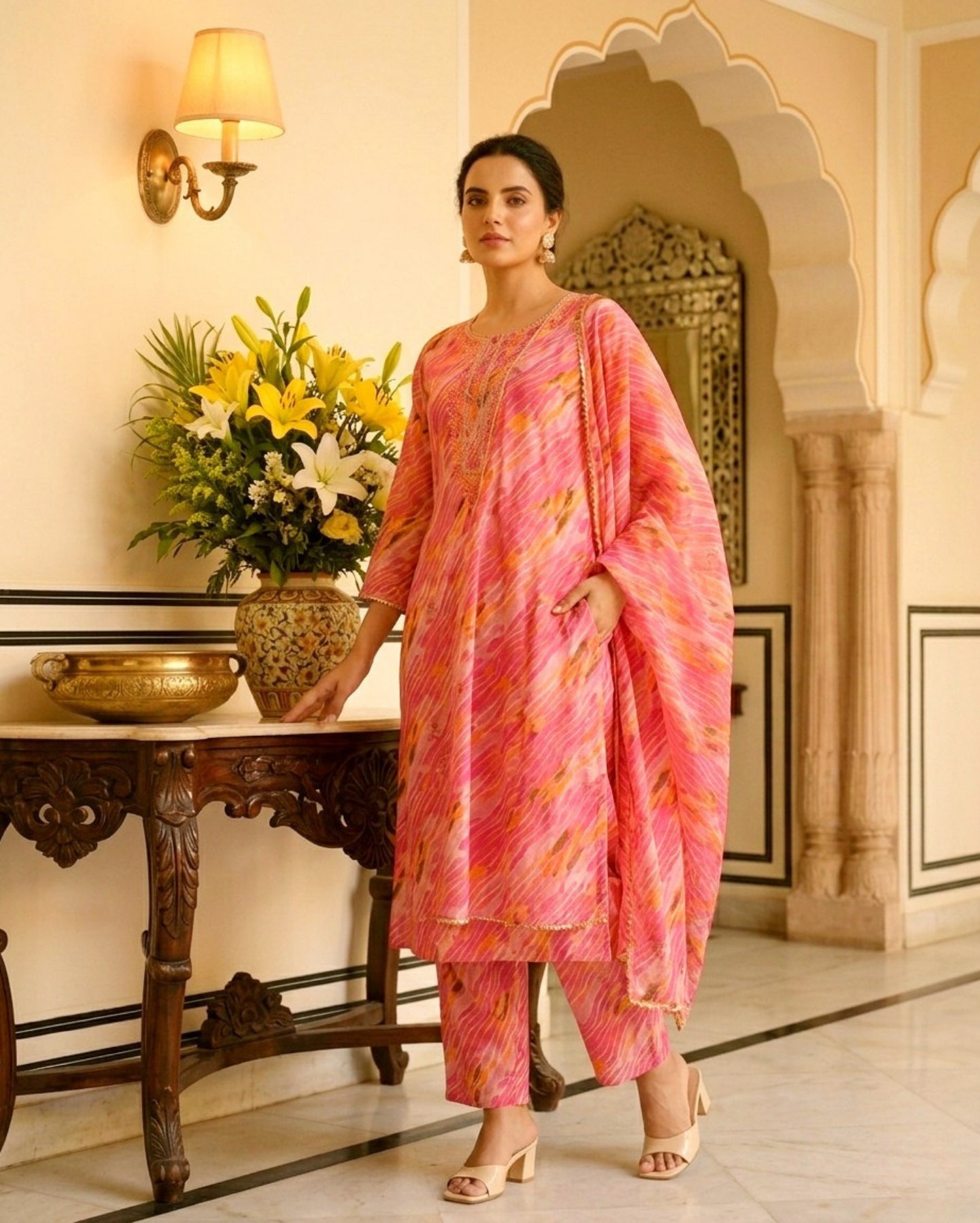 Pink Leheriya Pattern Cotton Suit Set With Dupatta