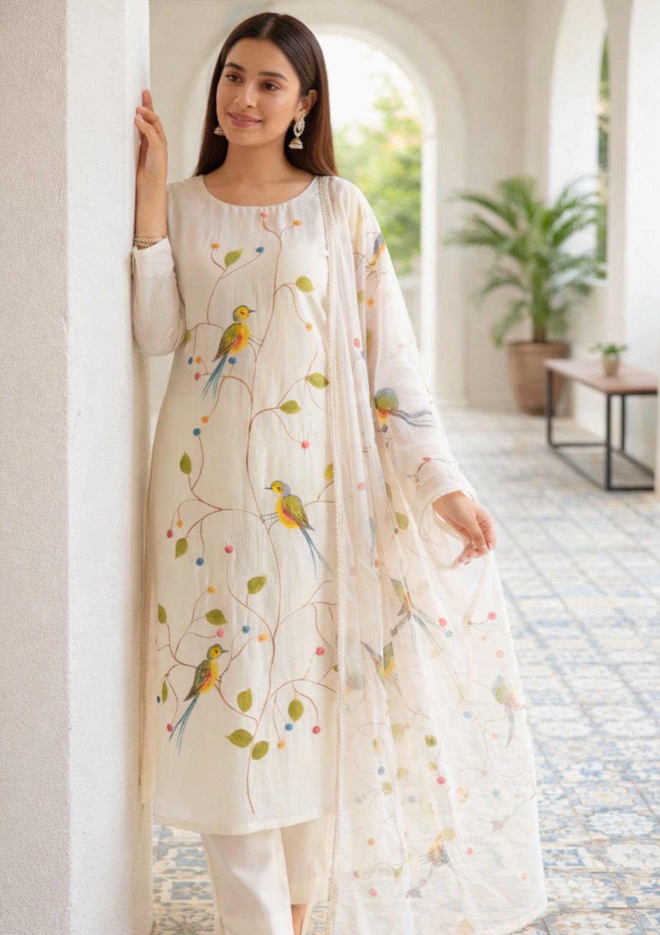Ivory rayon bird print kurta pant with dupatta
