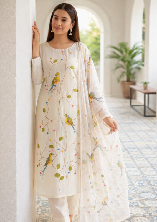 Ivory rayon bird print kurta pant with dupatta