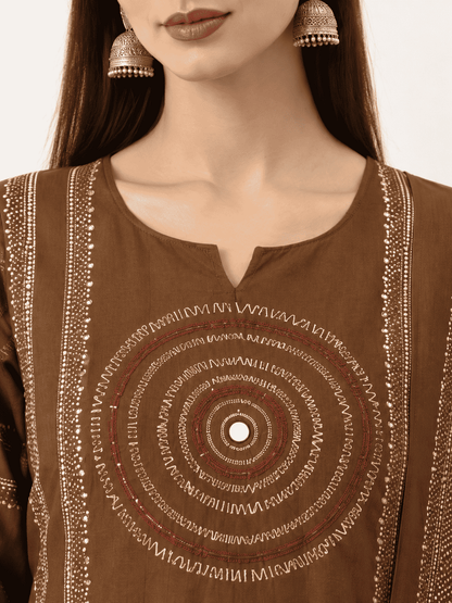 Brown Printed Cotton Kurta and pant with dupatta