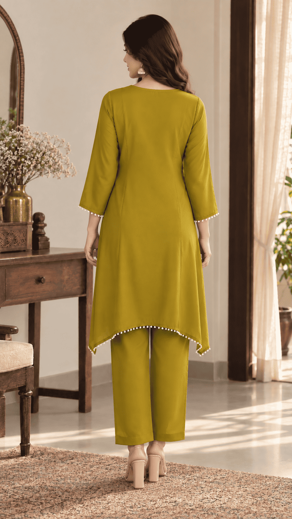 Mustard Embroidered Tissue Fabric Kurta Pant Set