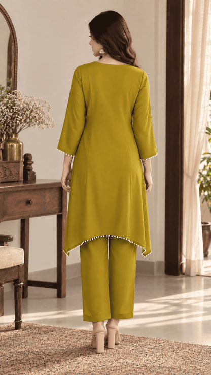 Mustard Embroidered Tissue Fabric Kurta Pant Set