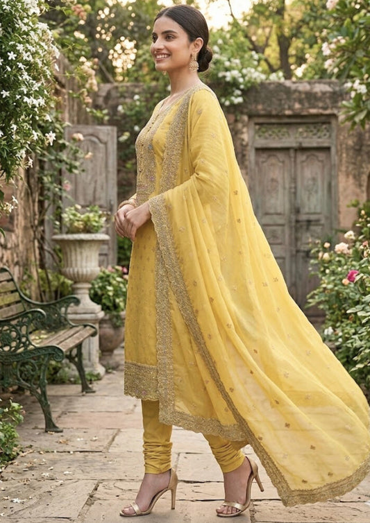 Semi-Stitched Pastel Yellow Organza With Embroidery Suit Material