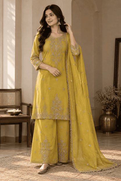 Yellow Silk Blend Embroidered Kurta and Palazzo with Dupatta
