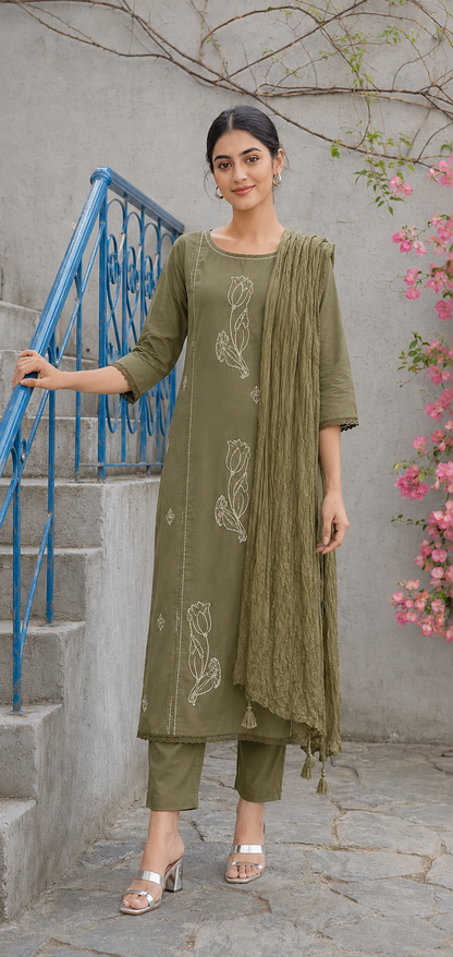 Mouse Brown Cotton Blend Embroidered Kurta and Pant with Dupatta