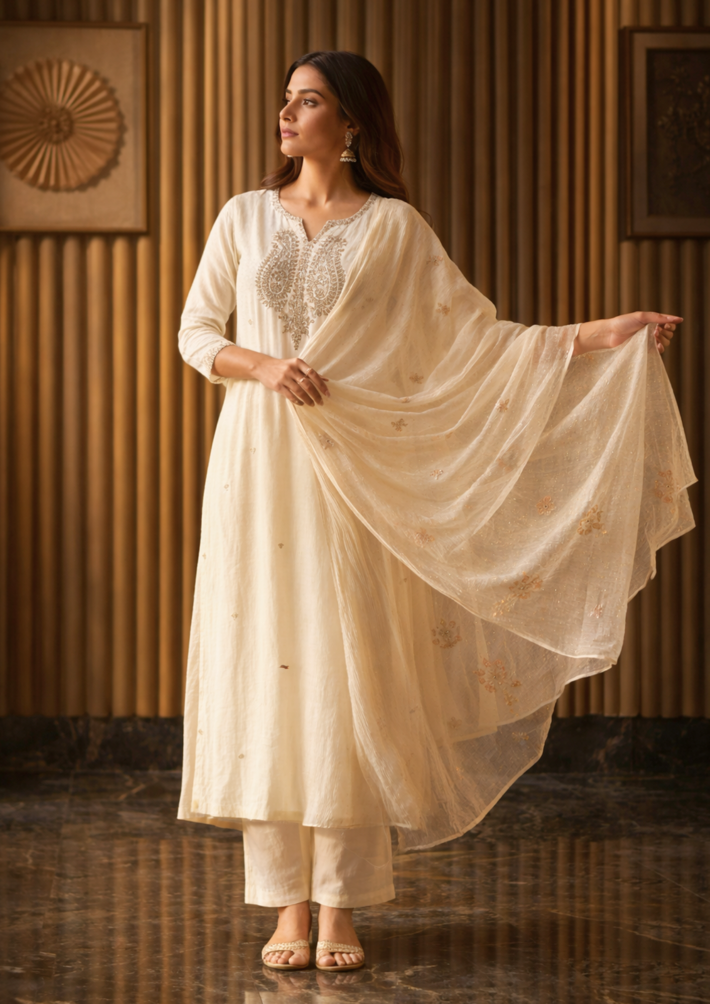 Ivory Embroidered Cotton Blend Kurta Pant With Dupatta