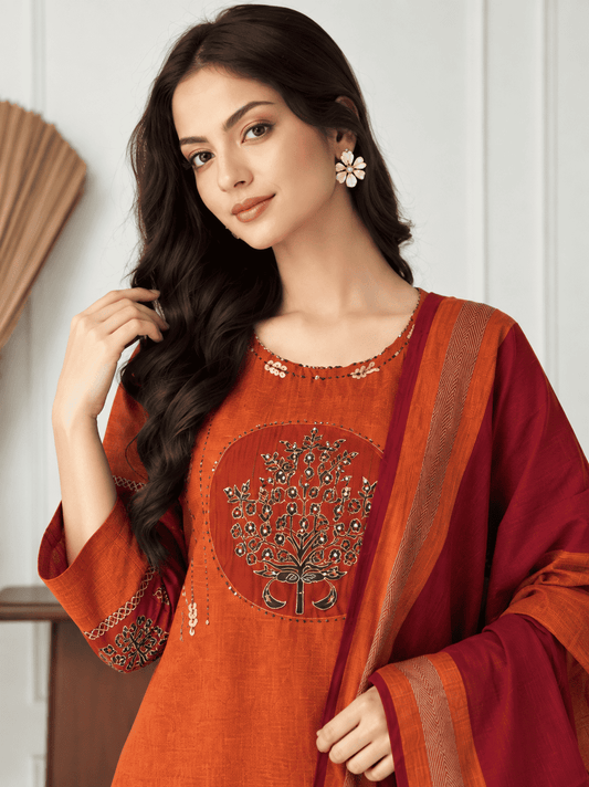 Orange and Maroon Embroidered kurta and pant with dupatta