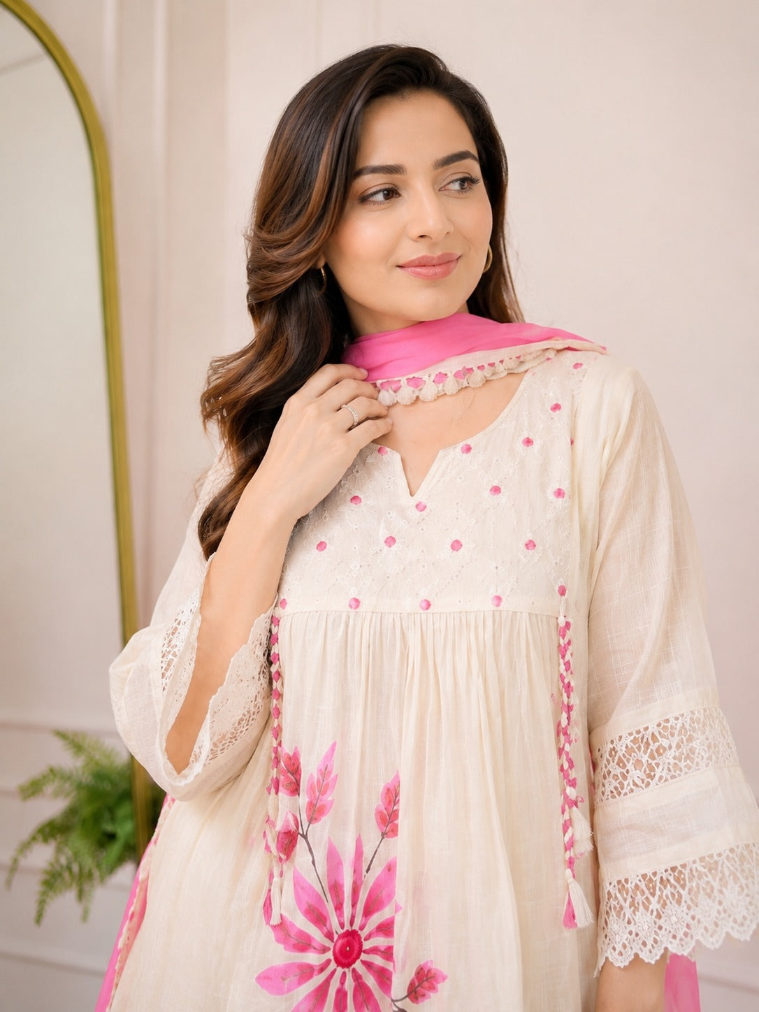 Off-White Cotton Schiffli Kurta Pant With Pink Dupatta