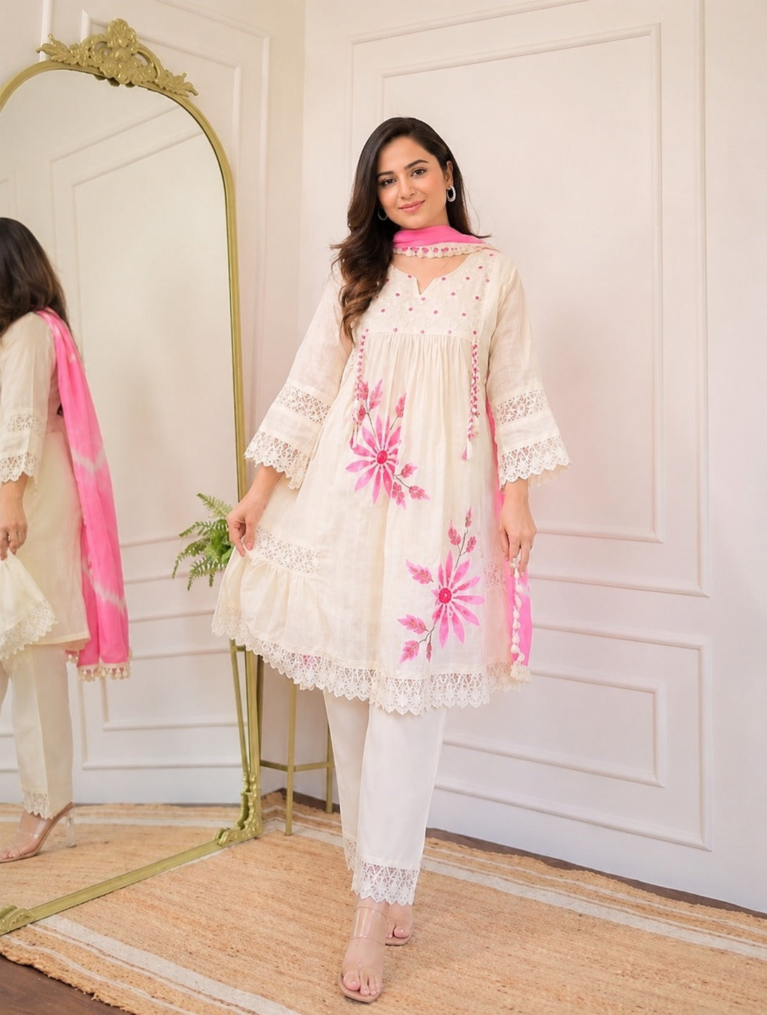 Off-White Cotton Schiffli Kurta Pant With Pink Dupatta