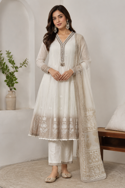 Ivory & Grey Mul Chanderi Ombre Shaded Kurta and Pant with Dupatta