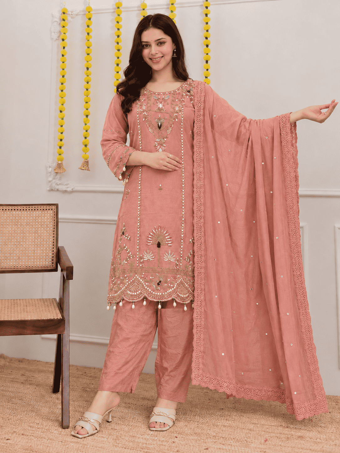 Pink Mul Chanderi Embroidered Kurta and Pant With Dupatta