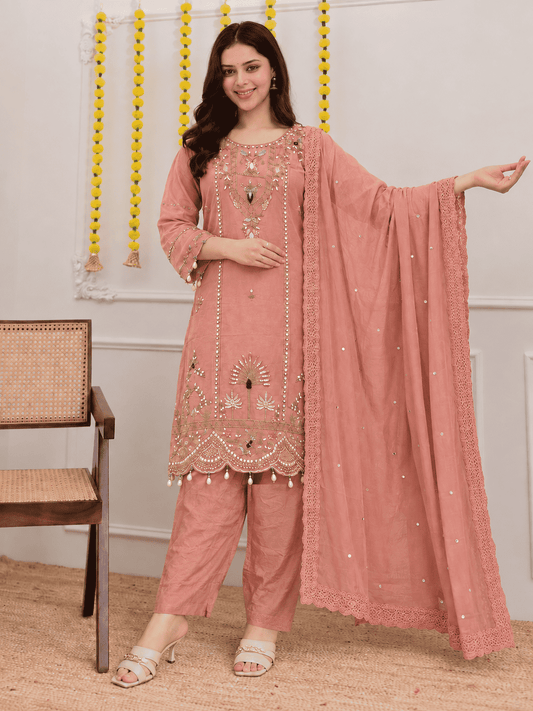 Pink Mul Chanderi Embroidered Kurta and Pant With Dupatta