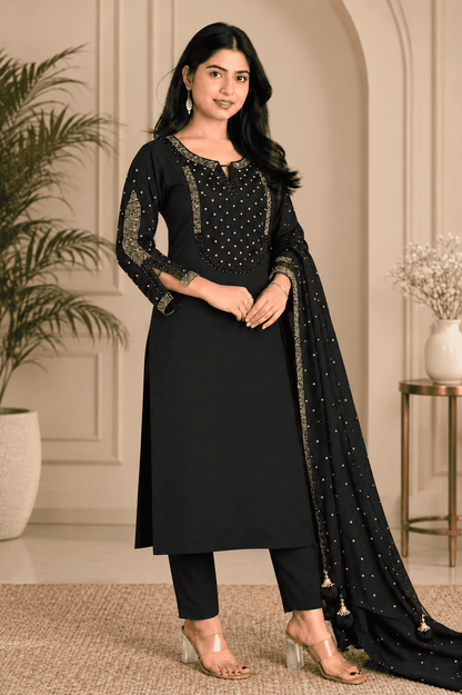 Black Mul Chanderi Embroidered Kurta and Pant with Dupatta