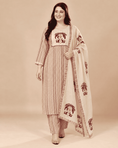 Off White in maroon tone printed cotton kurta and pant with dupatta
