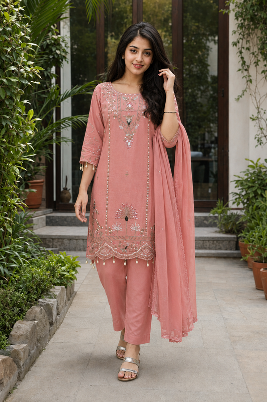 Pink Mul Chanderi Embroidered Kurta and Pant With Dupatta