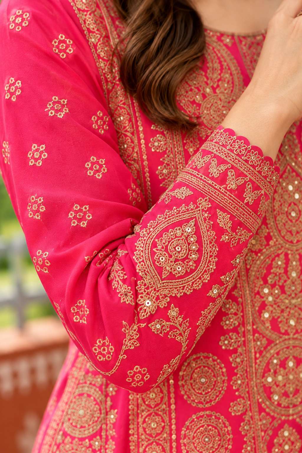 Hot Pink Embroidered Chinon Bandhani Kurta Set With A Vibrant Dupatta