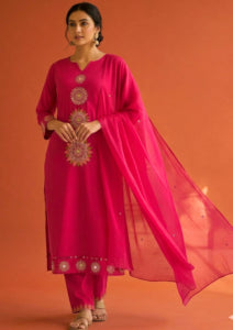 Rani Pink Cotton Embroidered Kurta Set With Dupatta