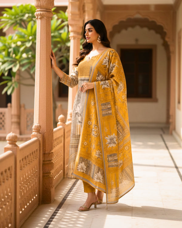 Grey Mustard Printed Sequin Detailed Cotton Linen Kurta Set With Dupatta
