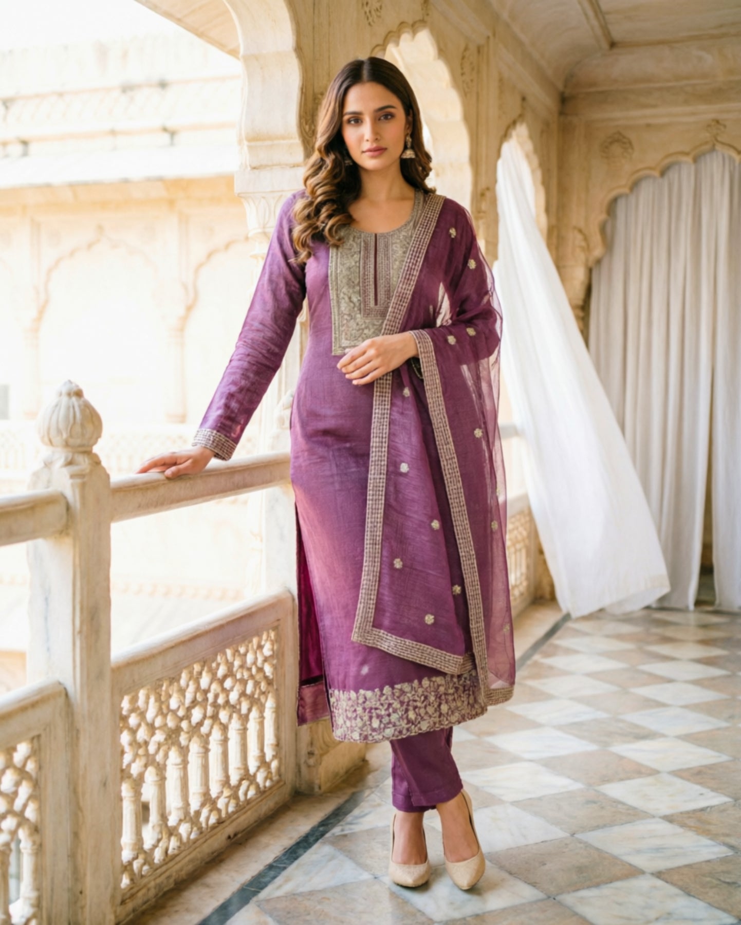 Semi-Stitched Plum-Purple Organza Suit Featuring Fine Zari And Sequin Embroidery