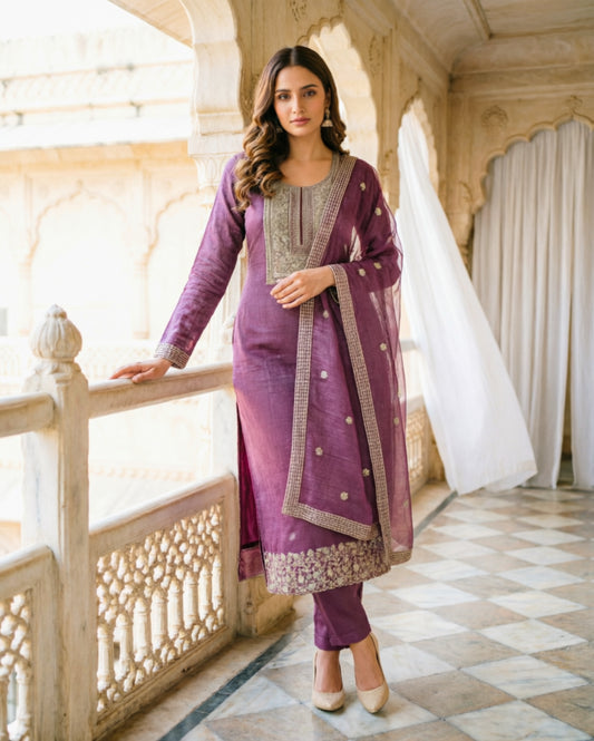 Semi-Stitched Plum-Purple Organza Suit Featuring Fine Zari And Sequin Embroidery
