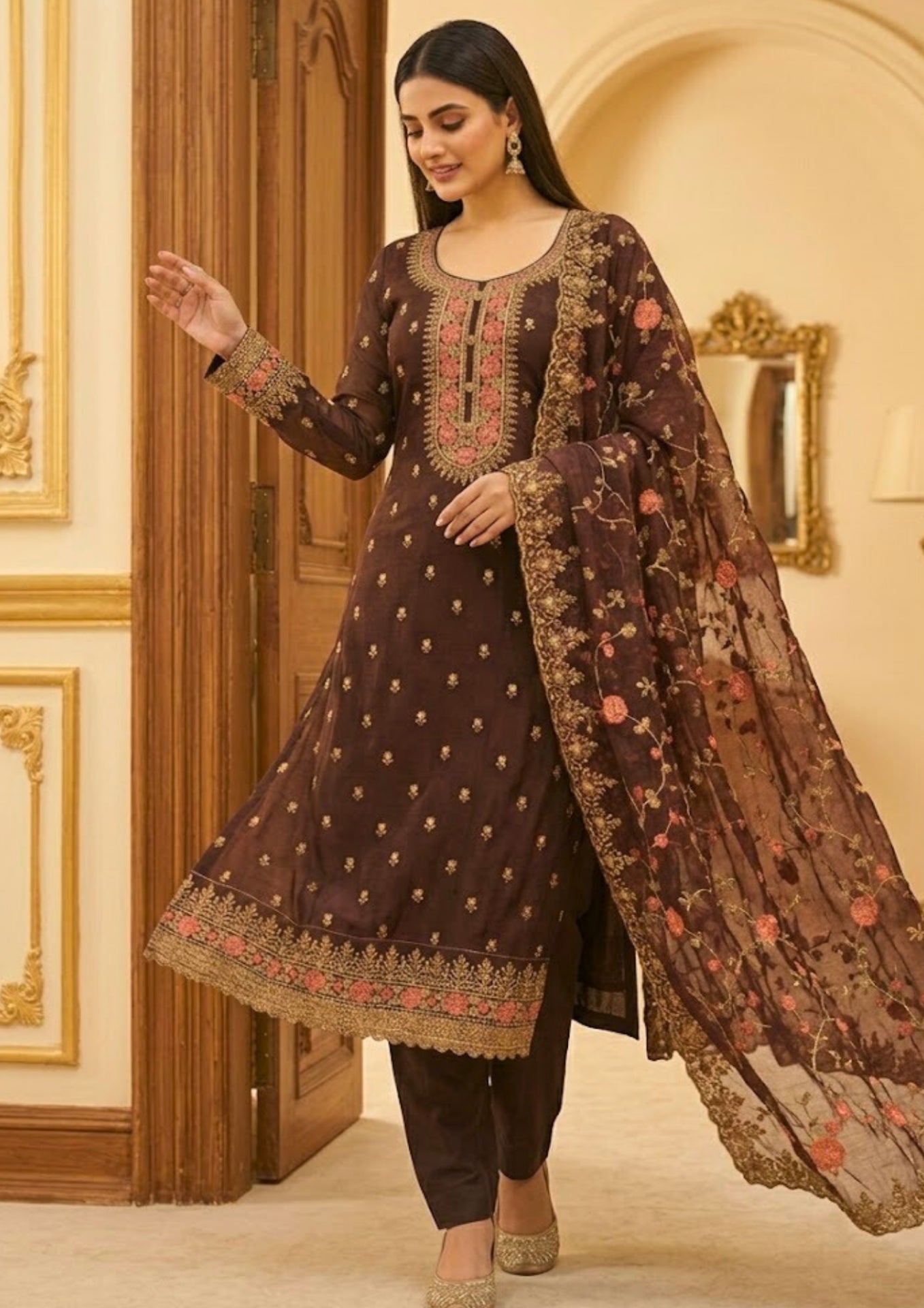 Semi Stitched Dark Purple Georgette With Ornate Embroidery Suit Material
