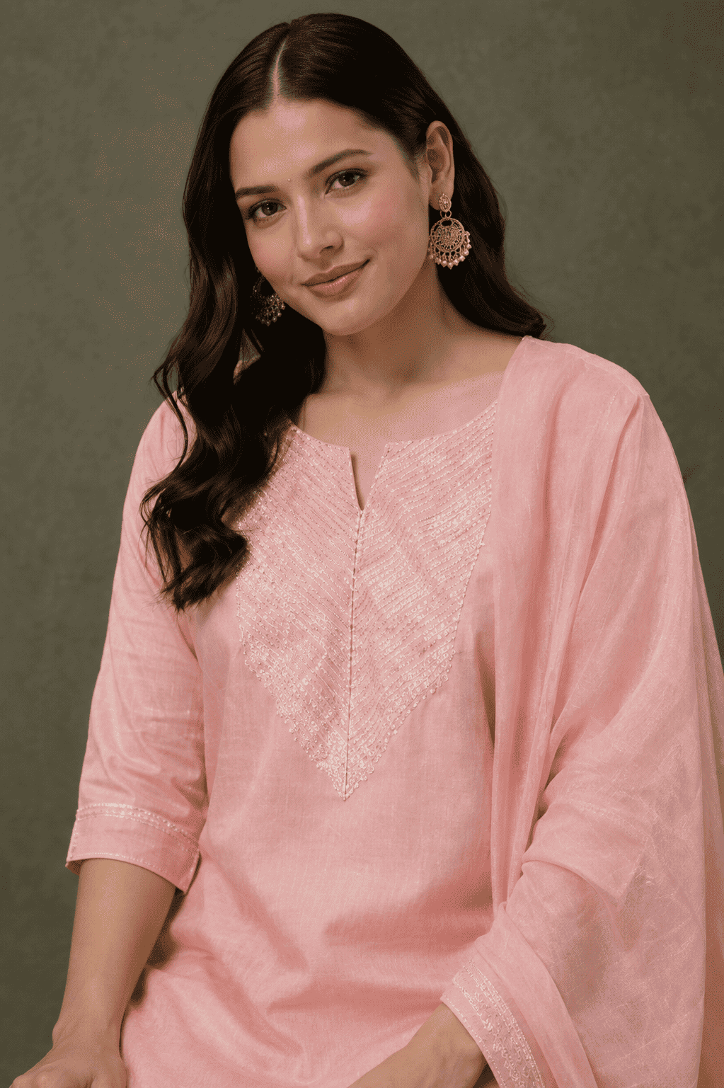 Blush Pink with gota work malmal Cotton Kurta Pant Set with dupatta