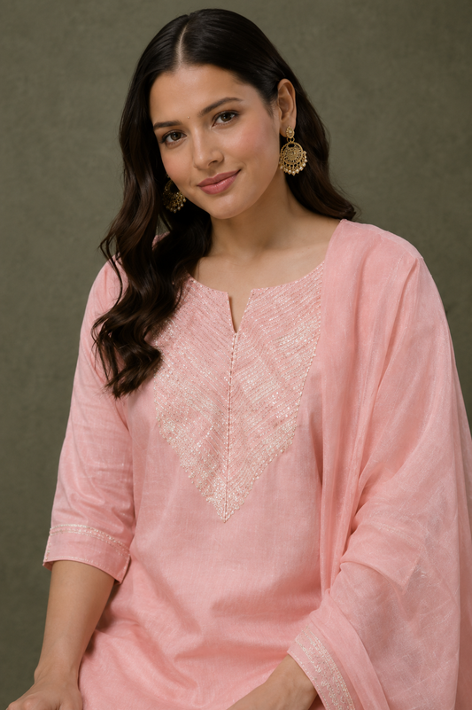Blush Pink with gota work malmal Cotton Kurta Pant Set with dupatta