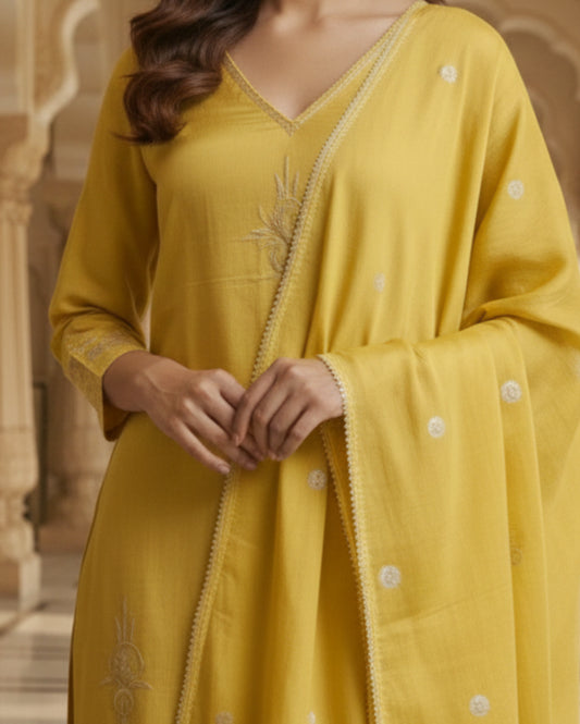 Olive Embroidered Cotton Mix Kurta Set With Dupatta