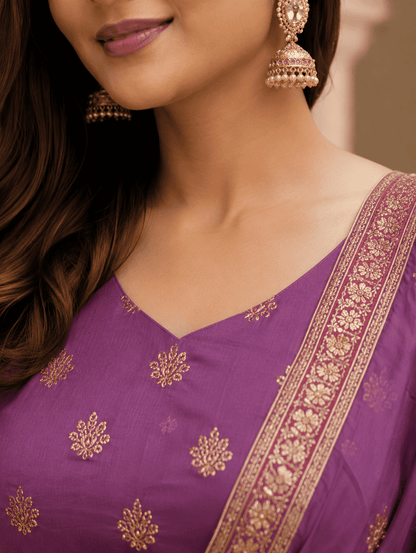 Unstitched Plum Shimmer Silk-Blend Embroidered Suit Material