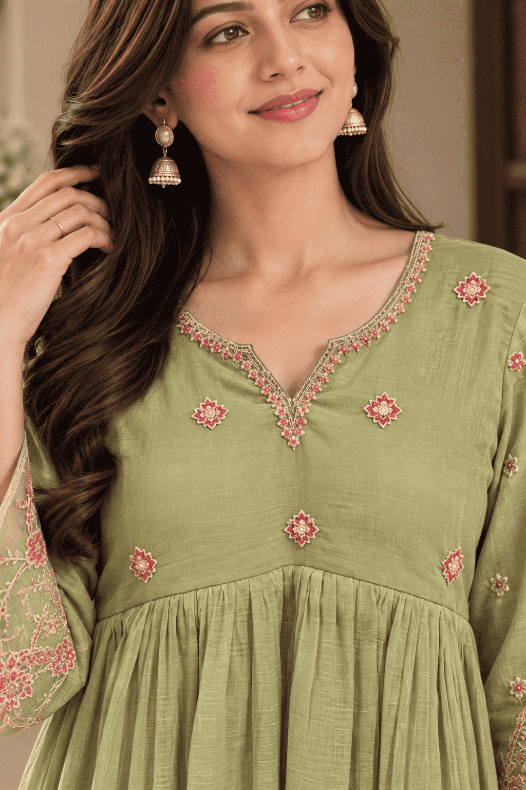Green silk blend with embroidery kurta pant with net dupatta