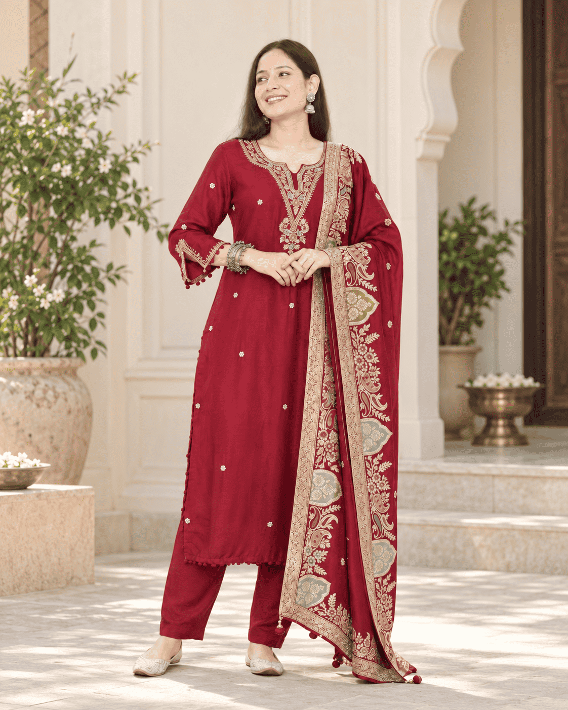 Maroon Embroidered Dola Silk Kurta and Pant with dupatta