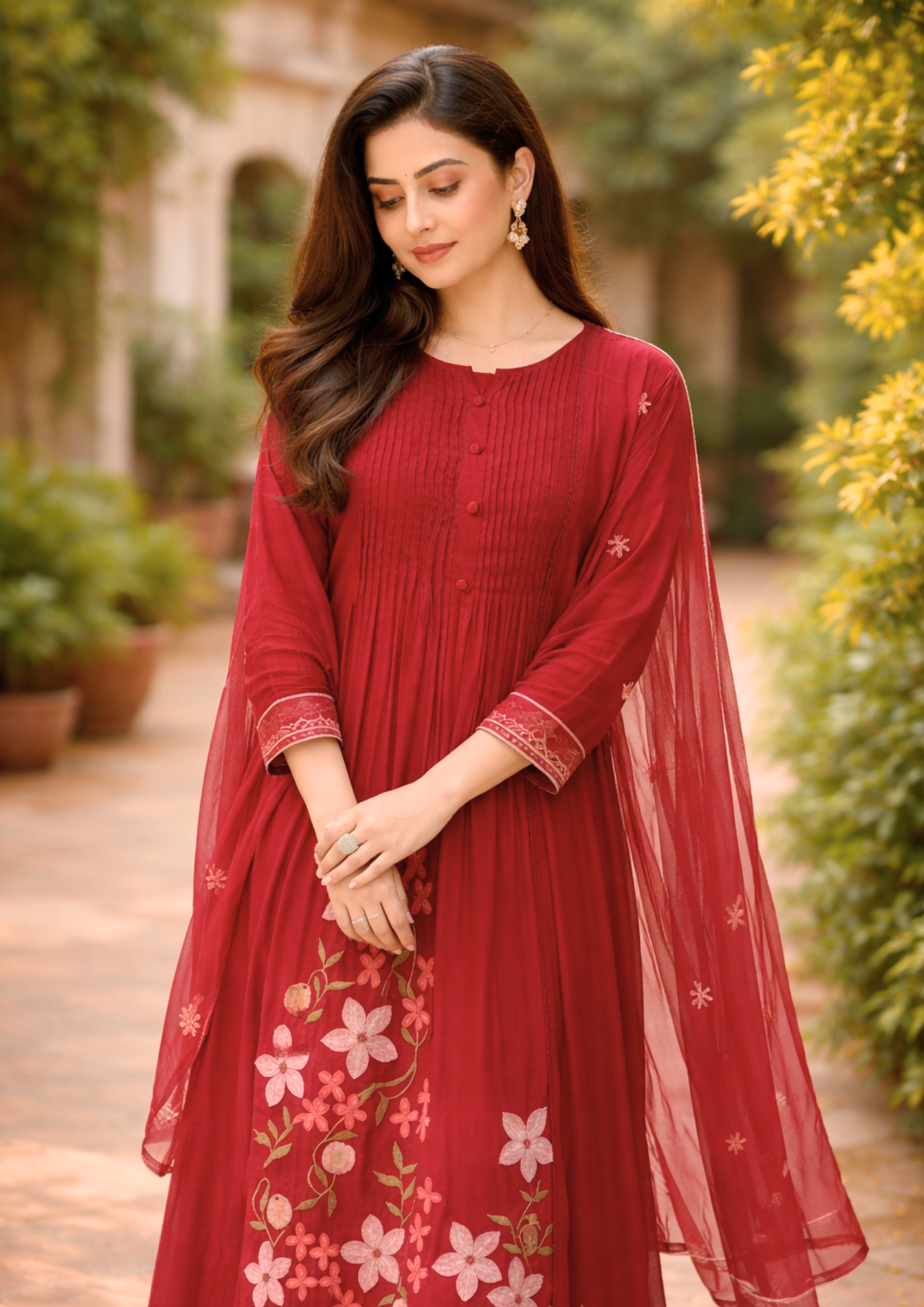 Maroon Cotton Anarkali Kurta Pant With Floral Embroidery And Dupatta