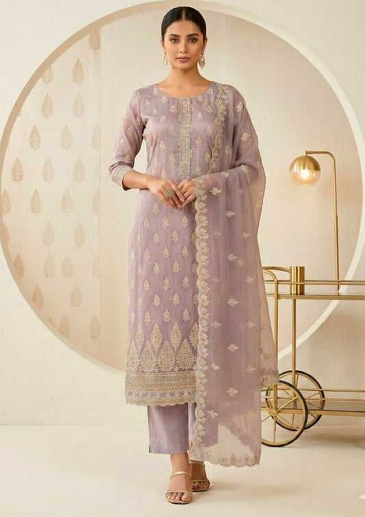 Semi-Stitched Dusty Lavender Organza With Ivory Tree-Motif Sequin Embroidered Suit Material