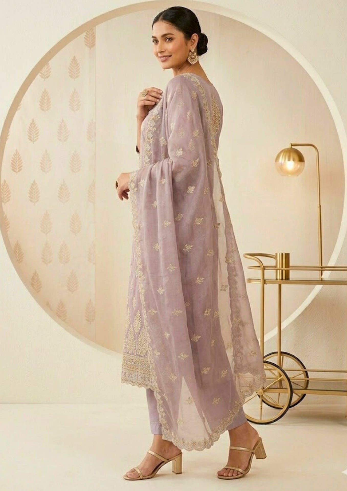 Semi-Stitched Dusty Lavender Organza With Ivory Tree-Motif Sequin Embroidered Suit Material