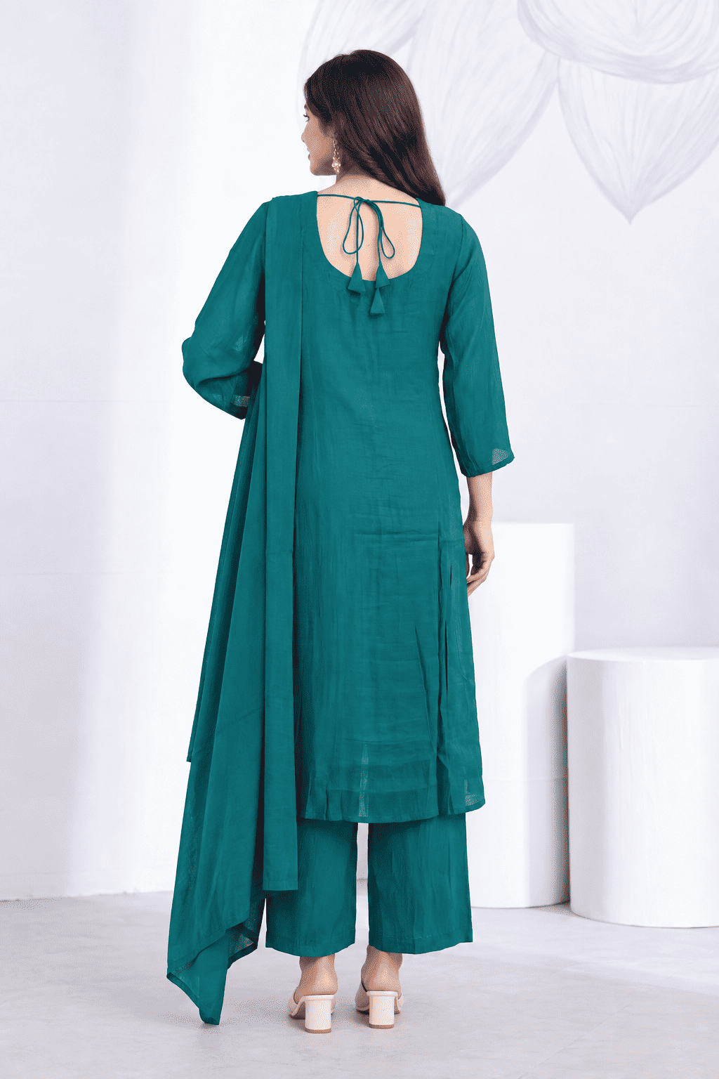 Deep Teal Embroidered Rayon Kurta Pant and Dupatta