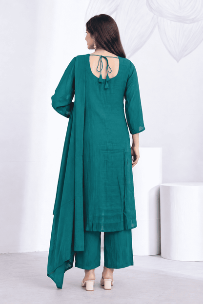 Deep Teal Embroidered Rayon Kurta Pant and Dupatta