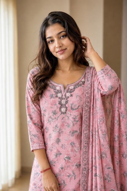 Pink Floral Printed Cotton Blend Kurta and Pant with Dupatta