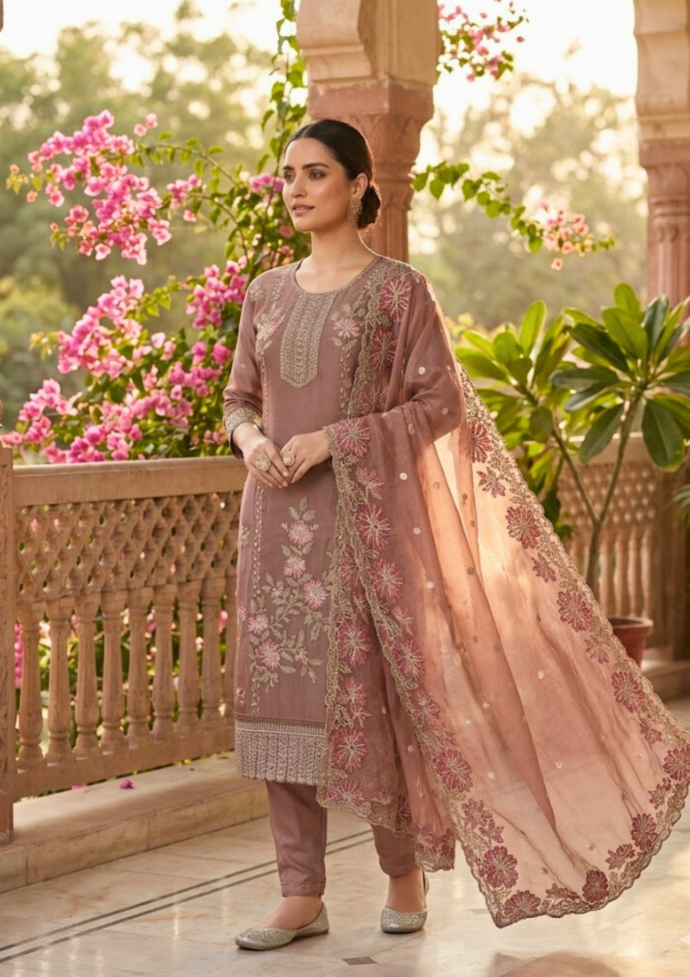 Semi-Stitched Champagne Brown Shimmer Organza With Multicoloured Thread Embroidery Suit Material