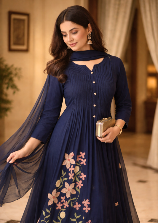 Navy Blue Cotton Anarkali Kurta Pant With Floral Embroidery And Dupatta