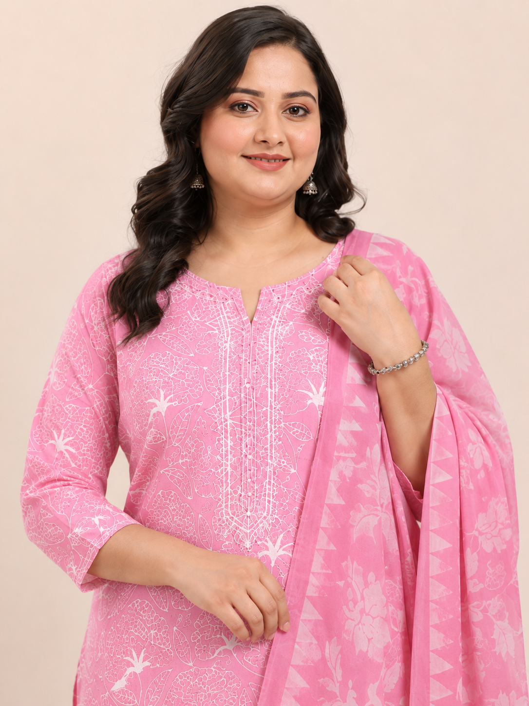Pink Block Printed Cotton Kurta Pant With Dupatta