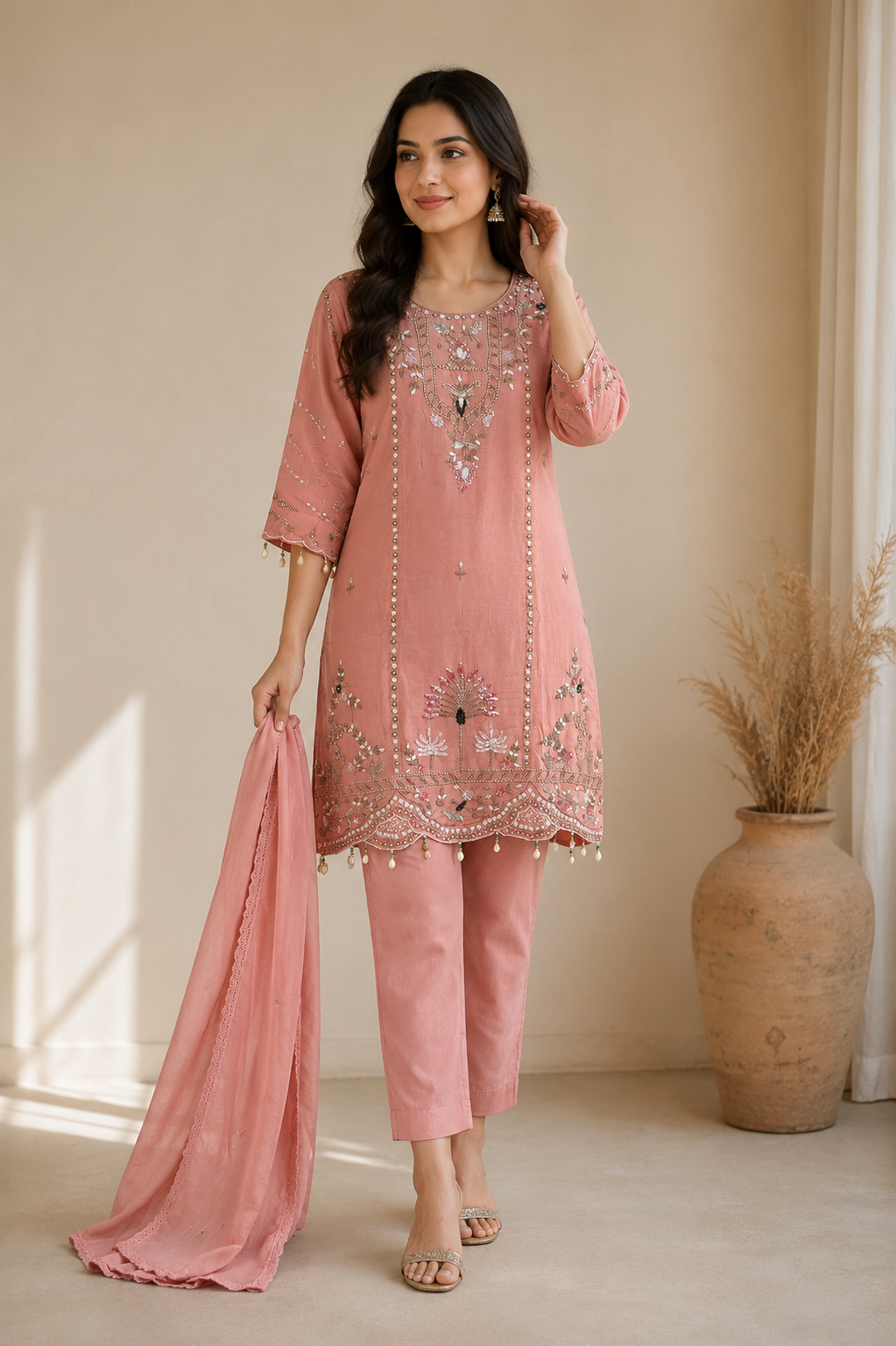 Pink Mul Chanderi Embroidered Kurta and Pant With Dupatta