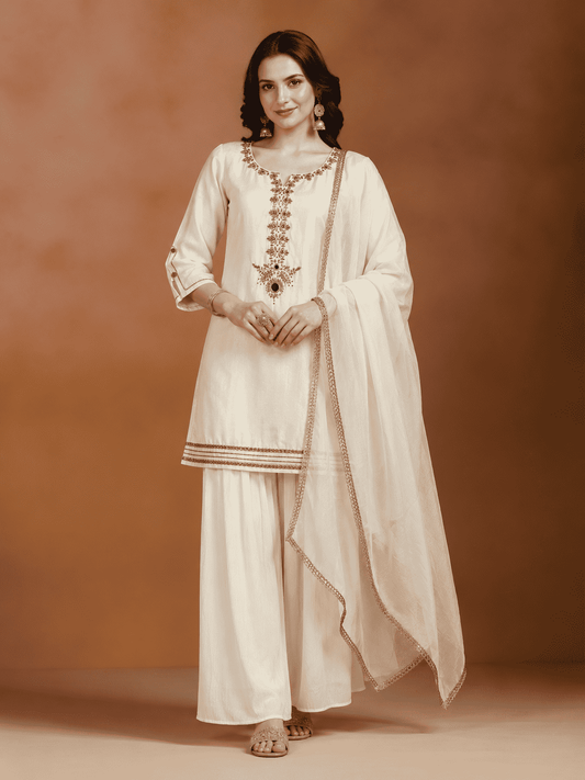 Ivory Embroidered Dola Silk Kurta and Palazzo with dupatta