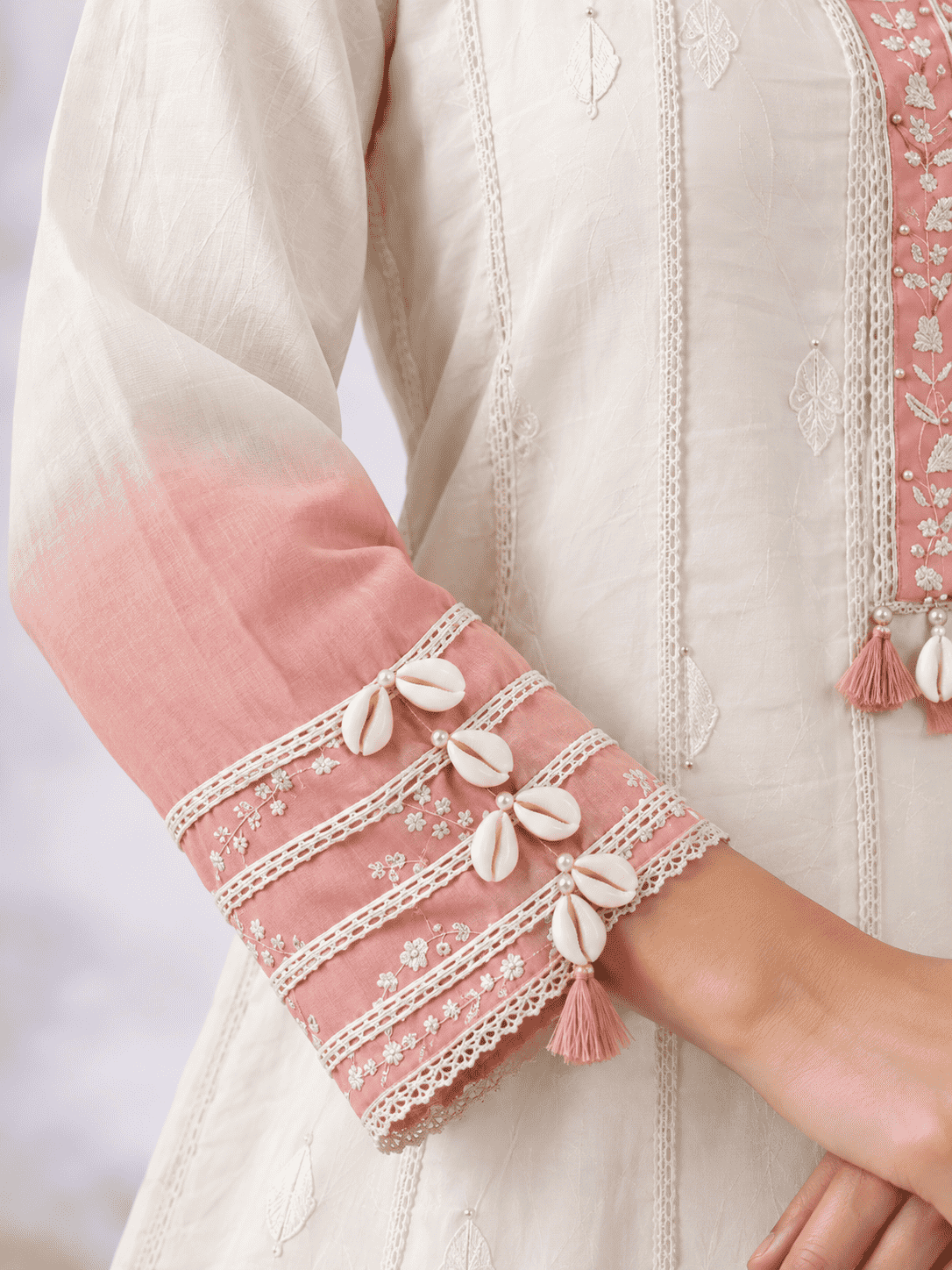 Ivory & Blush Pink Mul Chanderi Ombre Shaded Kurta and Pant with Dupatta