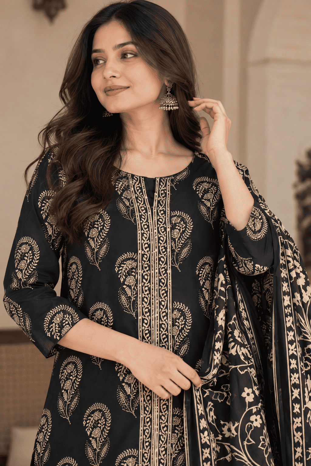 Black Printed Cotton Blend Kurta Pant and Dupatta