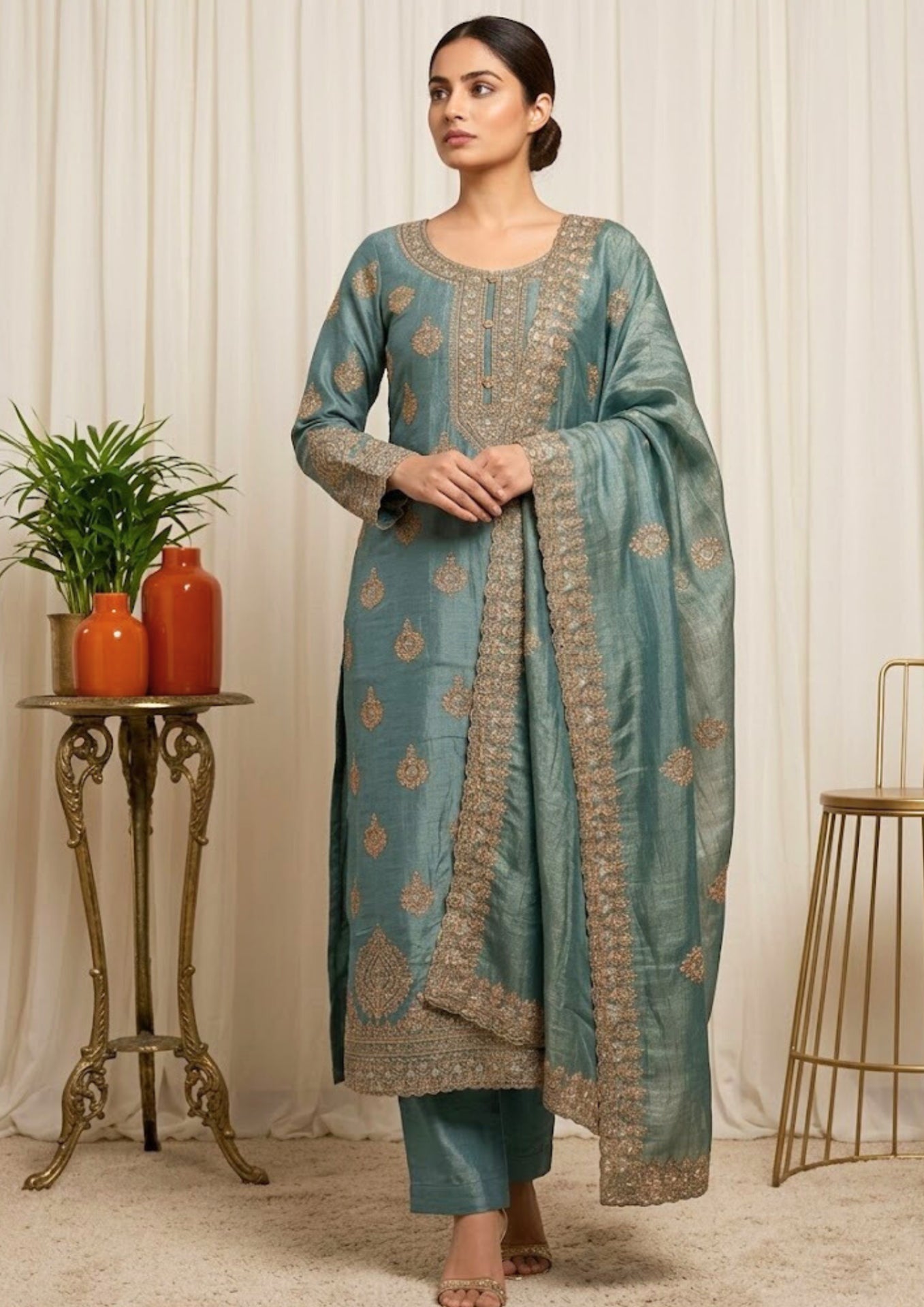 Icy Aqua Blue Semi-Stitched Tissue Silk Suit With Dupatta With Golden Sequin And Thread Embroidery