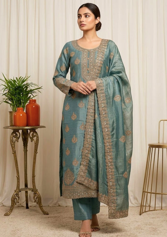 Icy Aqua Blue Semi-Stitched Tissue Silk Suit With Dupatta With Golden Sequin And Thread Embroidery