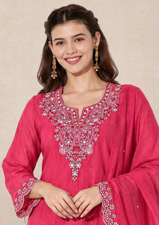 Pink Embroidered Mul Chanderi Kurta and Pant with Dupatta
