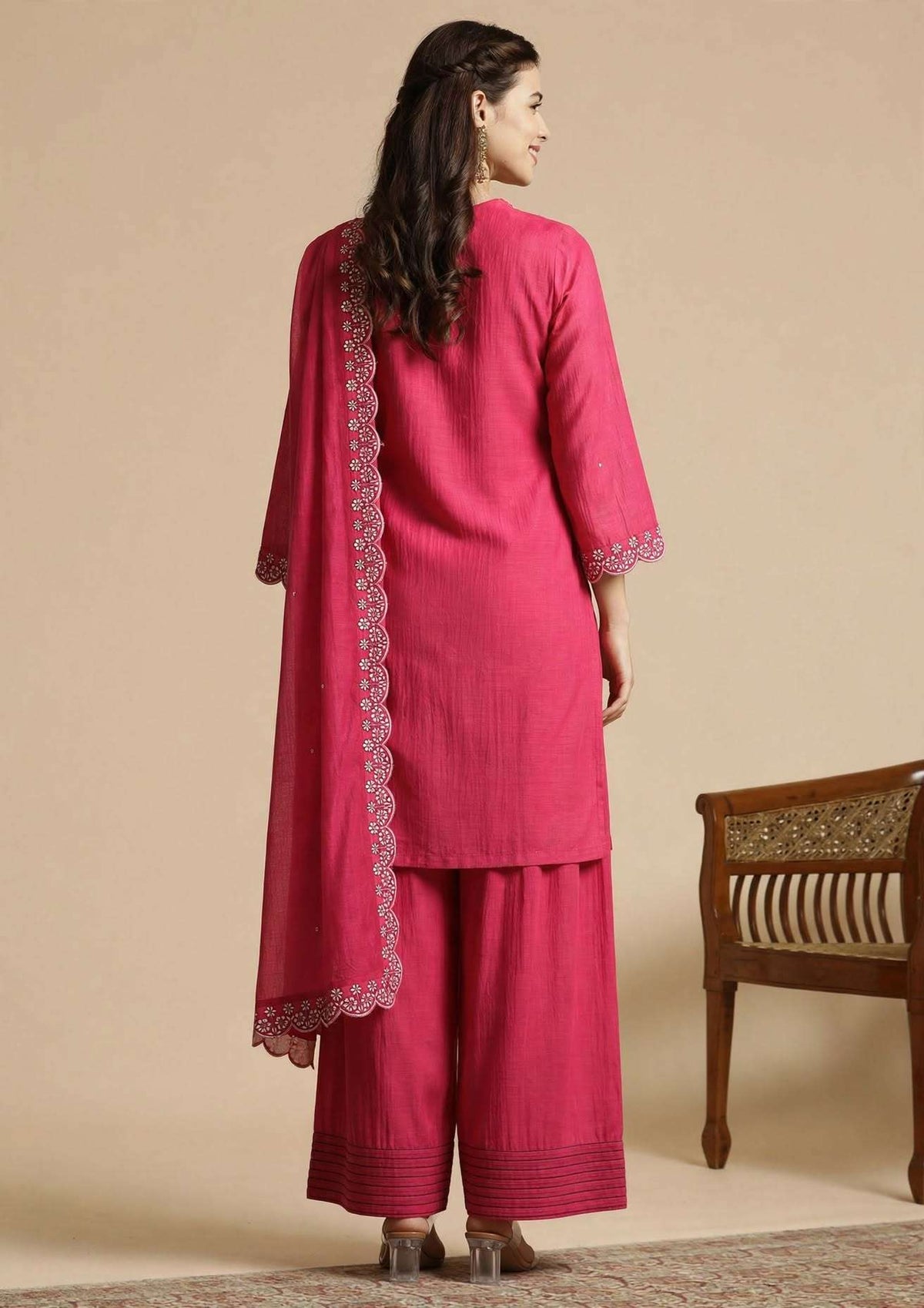Pink Embroidered Mul Chanderi Kurta and Pant with Dupatta