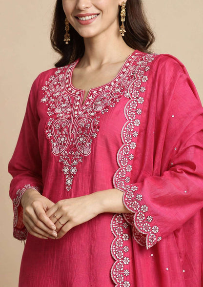 Pink Embroidered Mul Chanderi Kurta and Pant with Dupatta